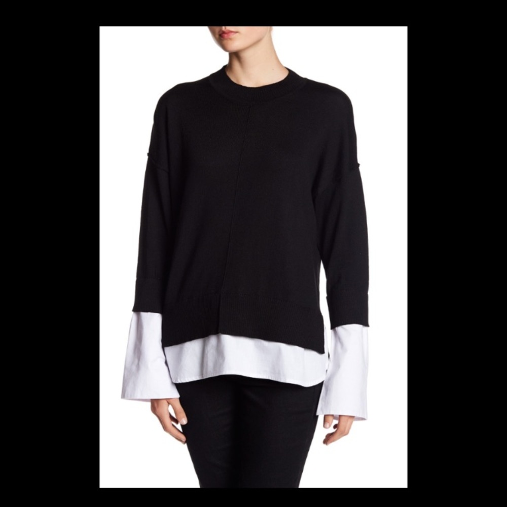 Long Sleeve Solid Poplin Sleeve Knit Sweater
